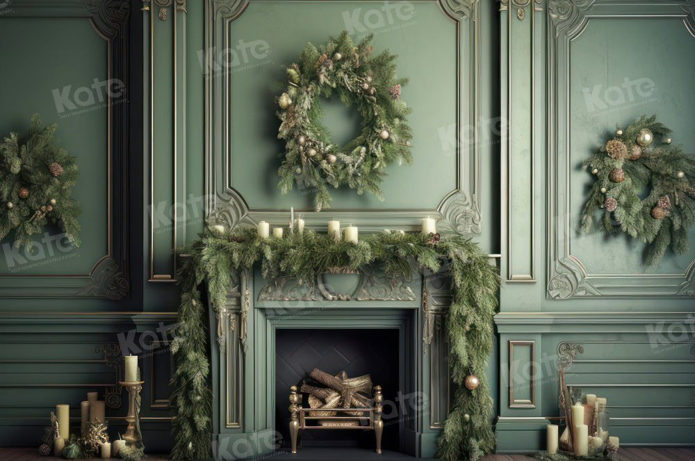 Kate Elegant Fireplace with Christmas Greenery Fleece Backdrop Designed by Mandy Ringe Photography -UK