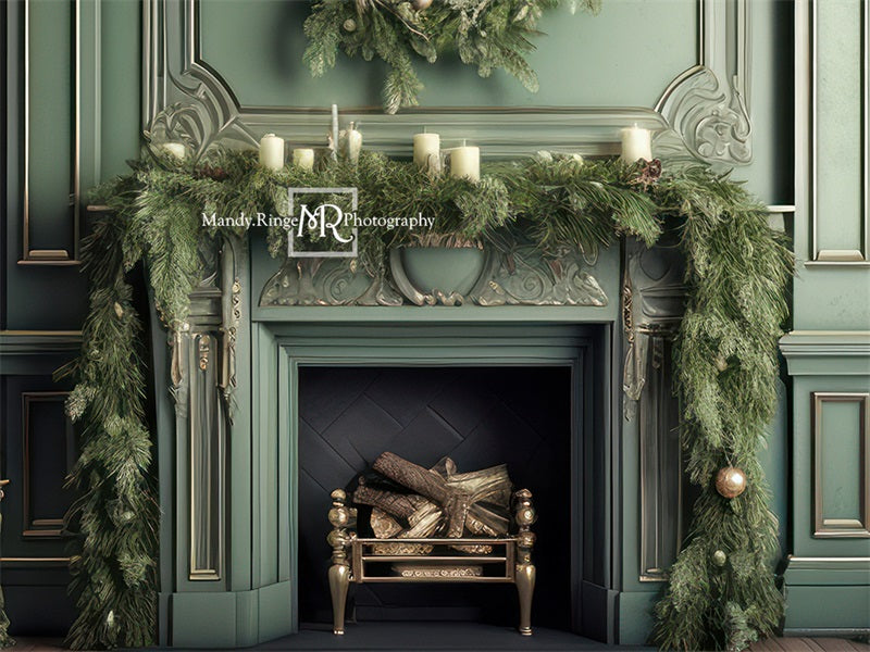 Kate Elegant Fireplace with Christmas Greenery Fleece Backdrop Designed by Mandy Ringe Photography -UK