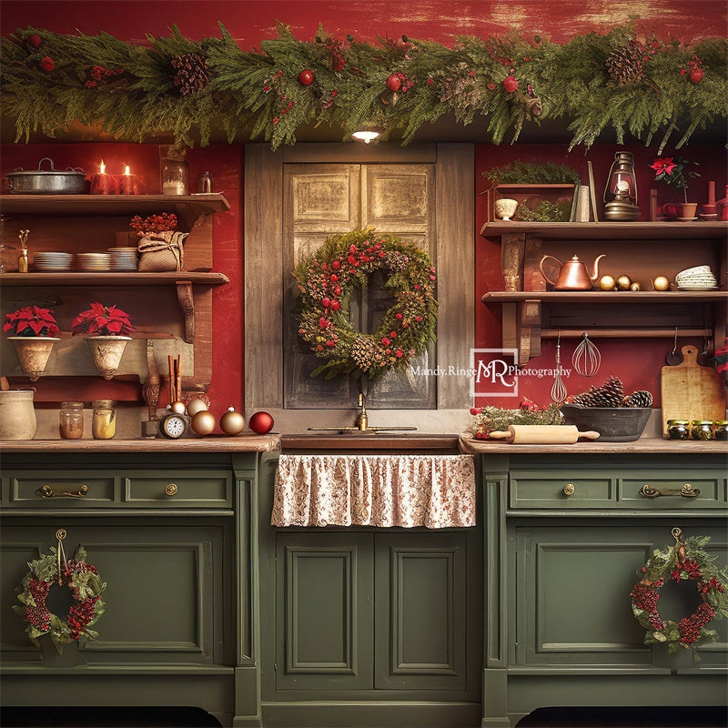 Kate Red&Green Christmas Kitchen Backdrop Designed by Mandy Ringe Photography -UK