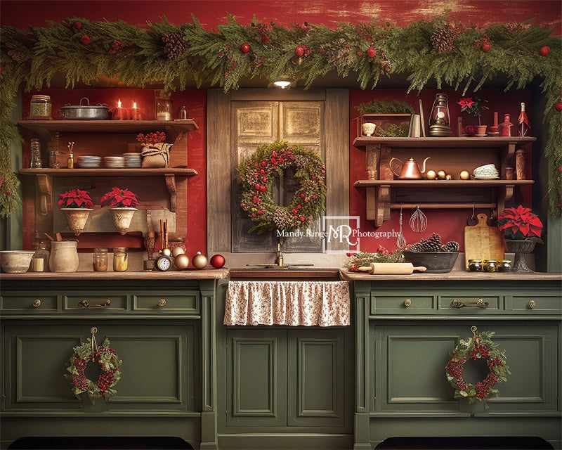 Kate Red&Green Christmas Kitchen Backdrop Designed by Mandy Ringe Photography -UK