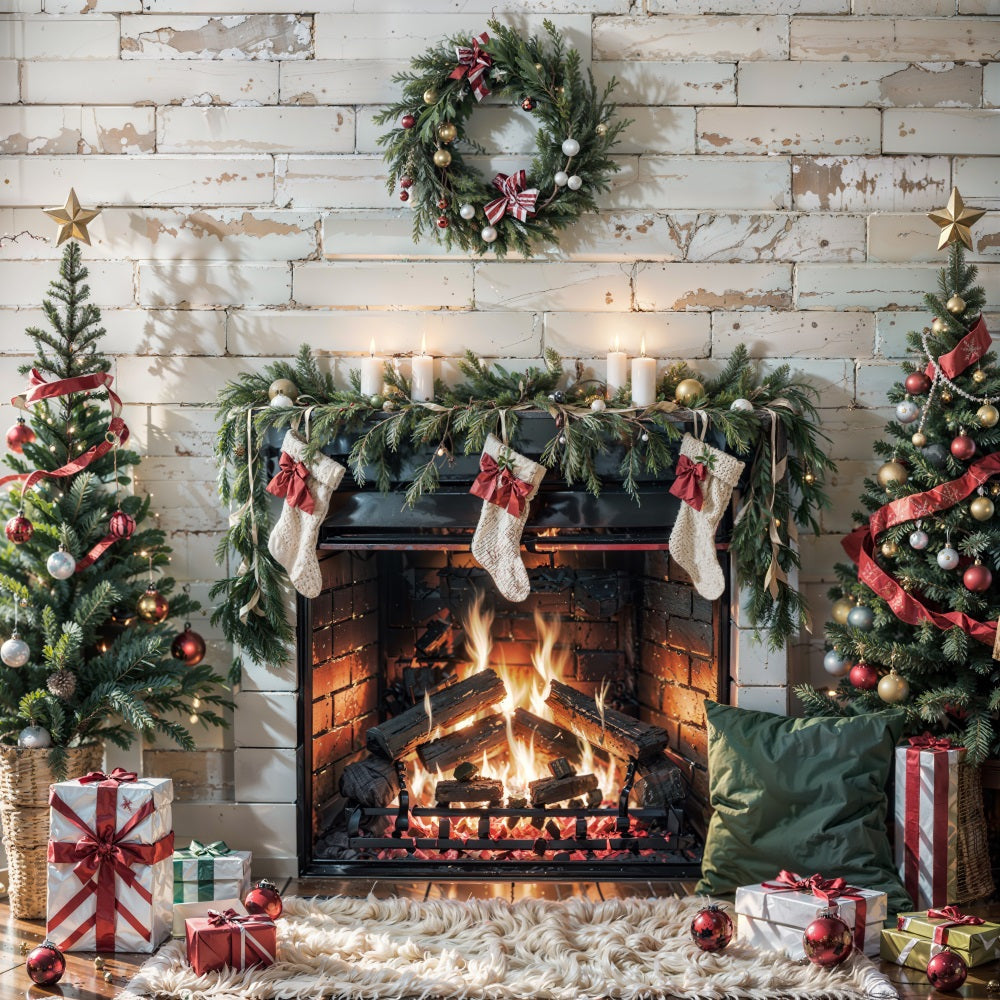 Kate Christmas Fireplace White Wall Backdrop for Photography -UK