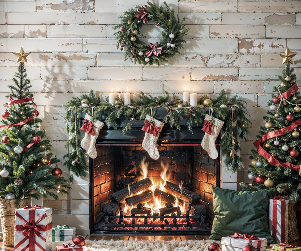 Kate Christmas Fireplace White Wall Backdrop for Photography -UK