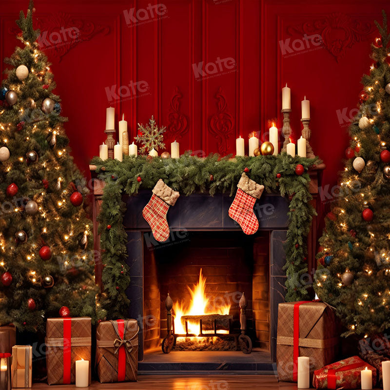 Kate Christmas Red Wall Fireplace Backdrop for Photography -UK