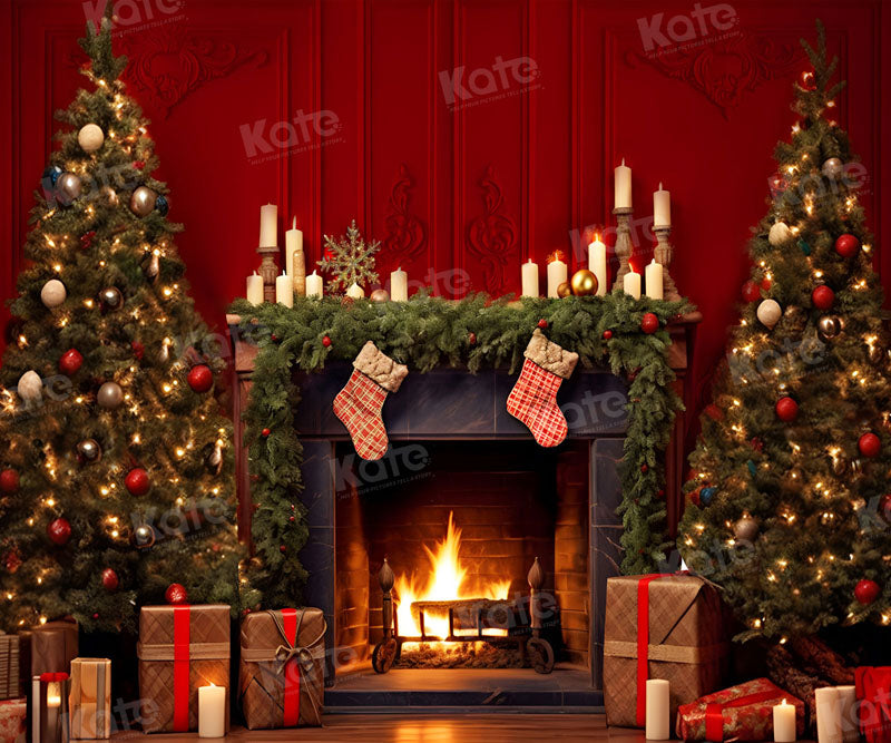 Kate Christmas Red Wall Fireplace Backdrop for Photography -UK