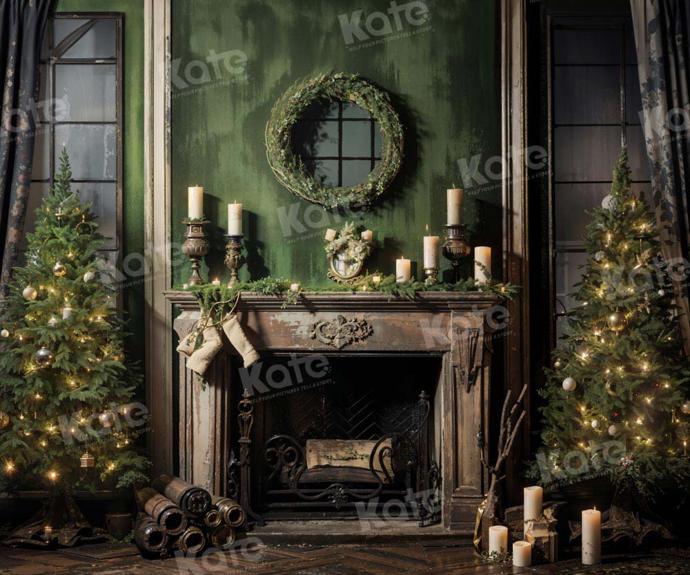 Kate Christmas Tree Fireplace Old Green Backdrop Designed by Chain Photography -UK