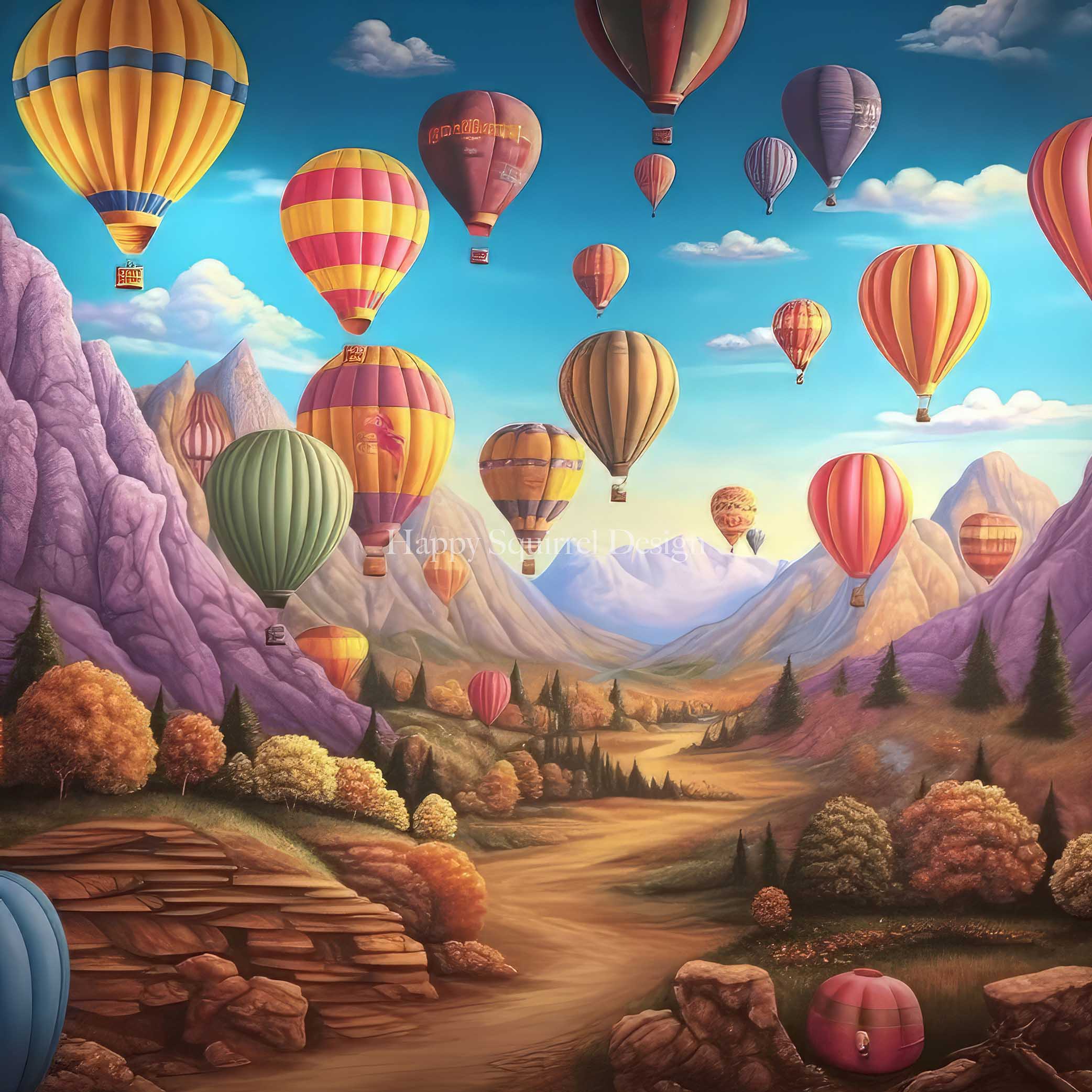 Kate Mountainside Air Balloons Backdrop Designed by Happy Squirrel Design -UK