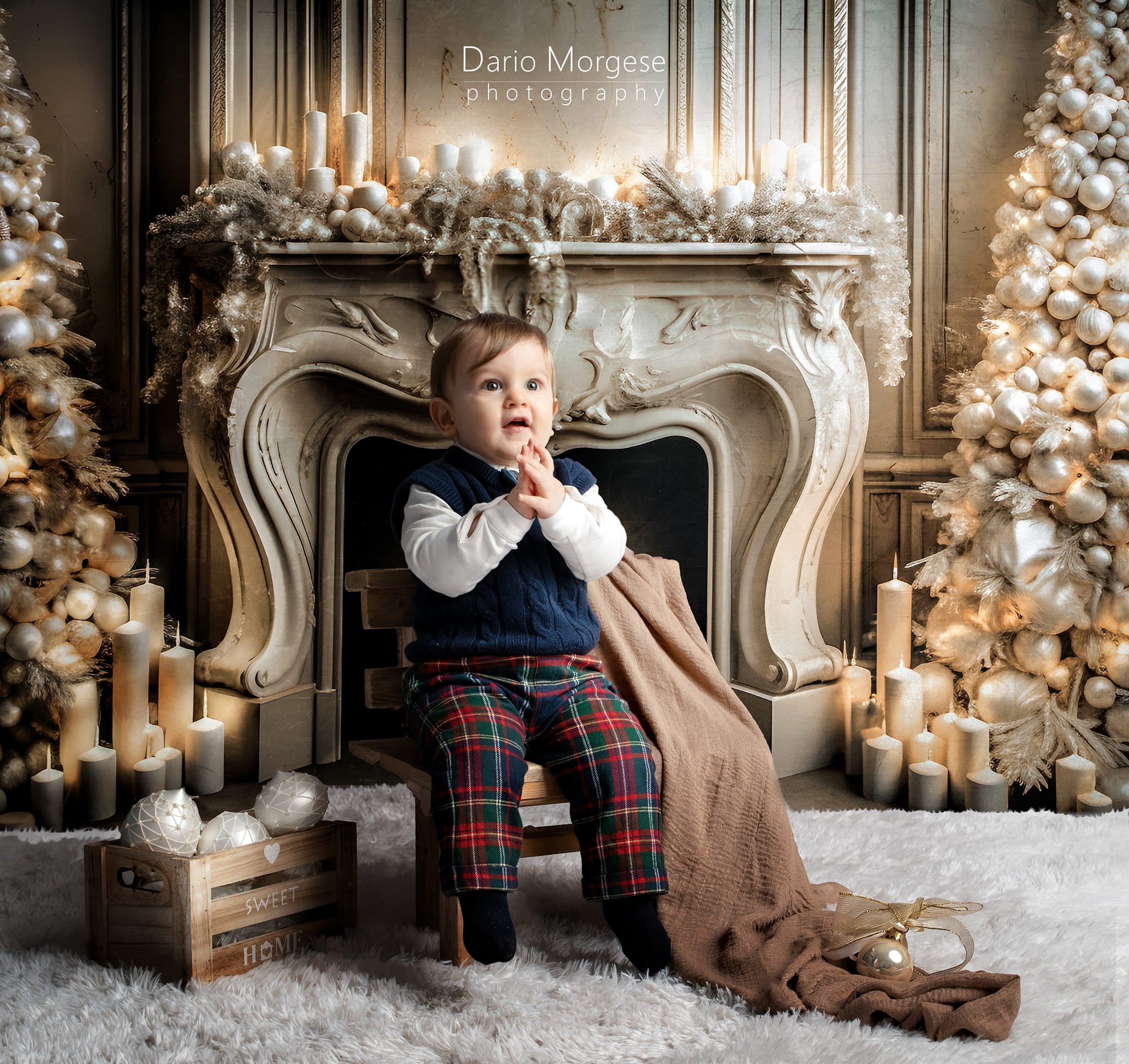 Kate Christmas Candle White Fireplace Tree Backdrop for Photography -UK