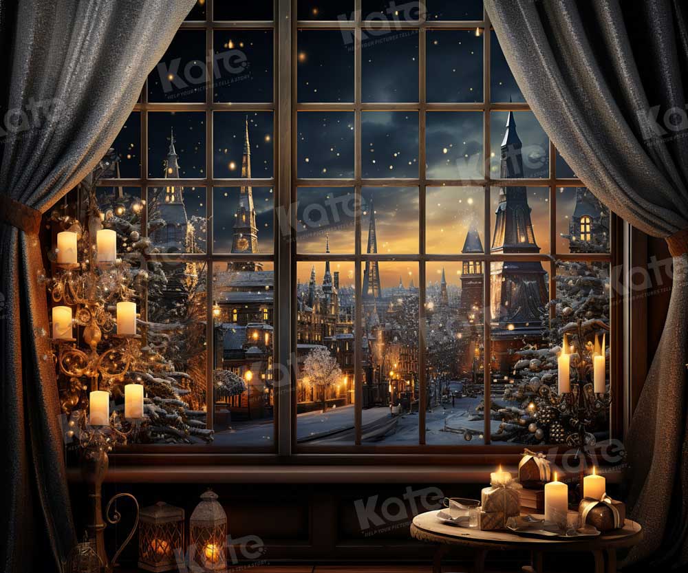 Kate Christmas Night Town Window Candle Backdrop Designed by Emetselch -UK