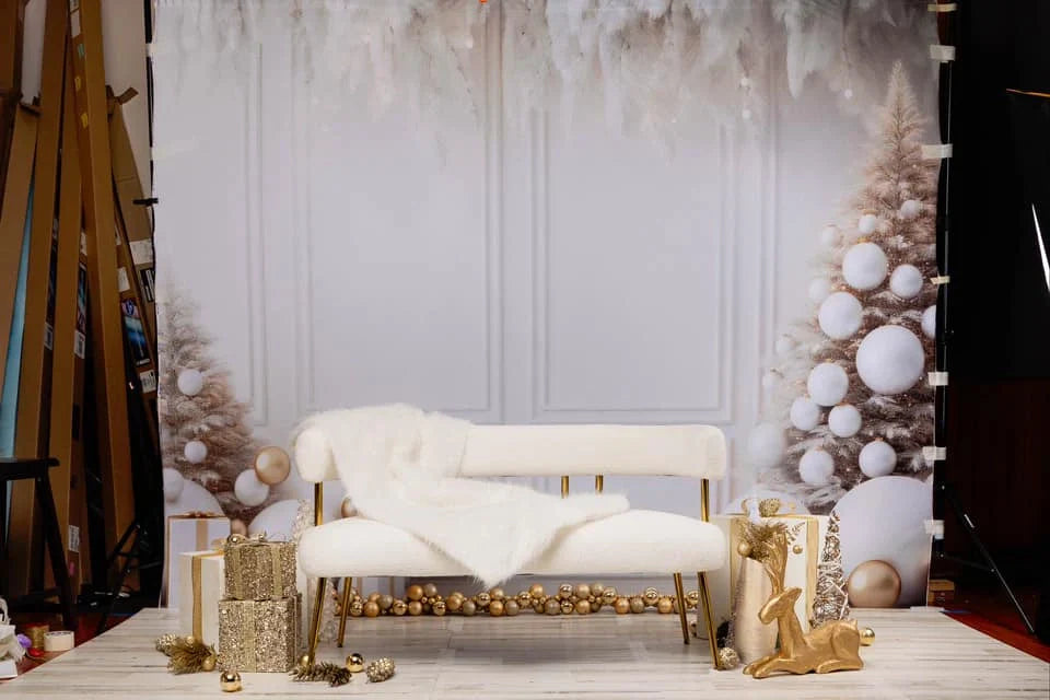 Kate Christmas White Wall Feathers & Gold Fleece Backdrop Designed by Lidia Redekopp -UK