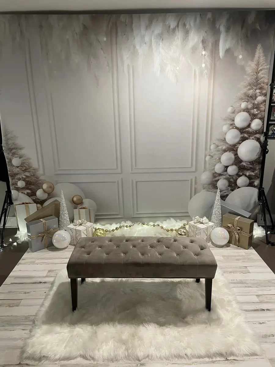 Kate Christmas White Wall Feathers & Gold Fleece Backdrop Designed by Lidia Redekopp -UK