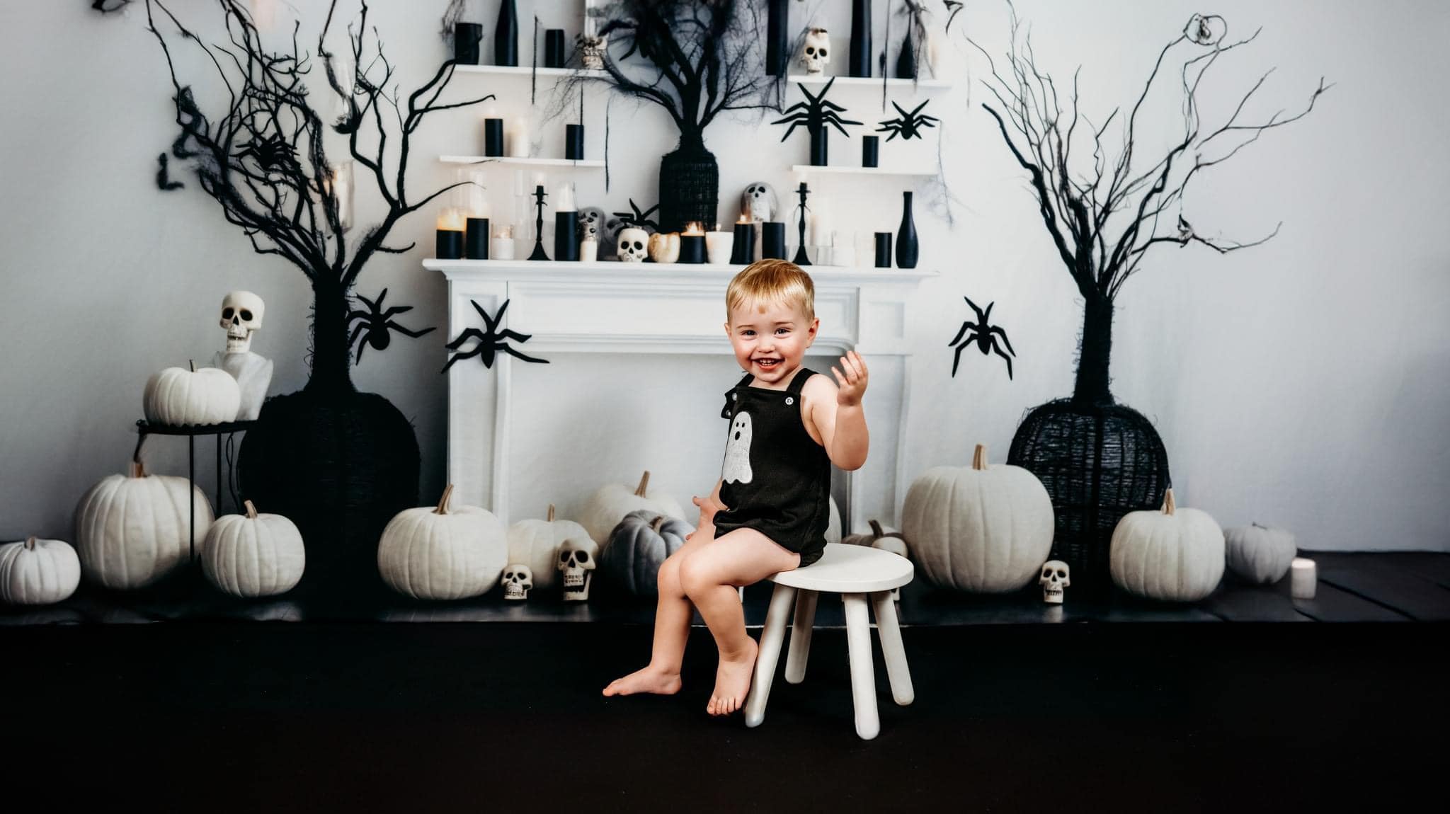 Kate Black & White Halloween Fireplace Backdrop Designed by Lidia Redekopp -UK