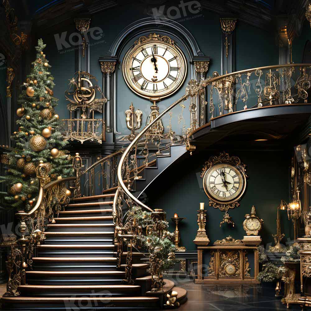 Lightning Deals Kate Christmas Stair Clock Backdrop Designed by Chain Photography