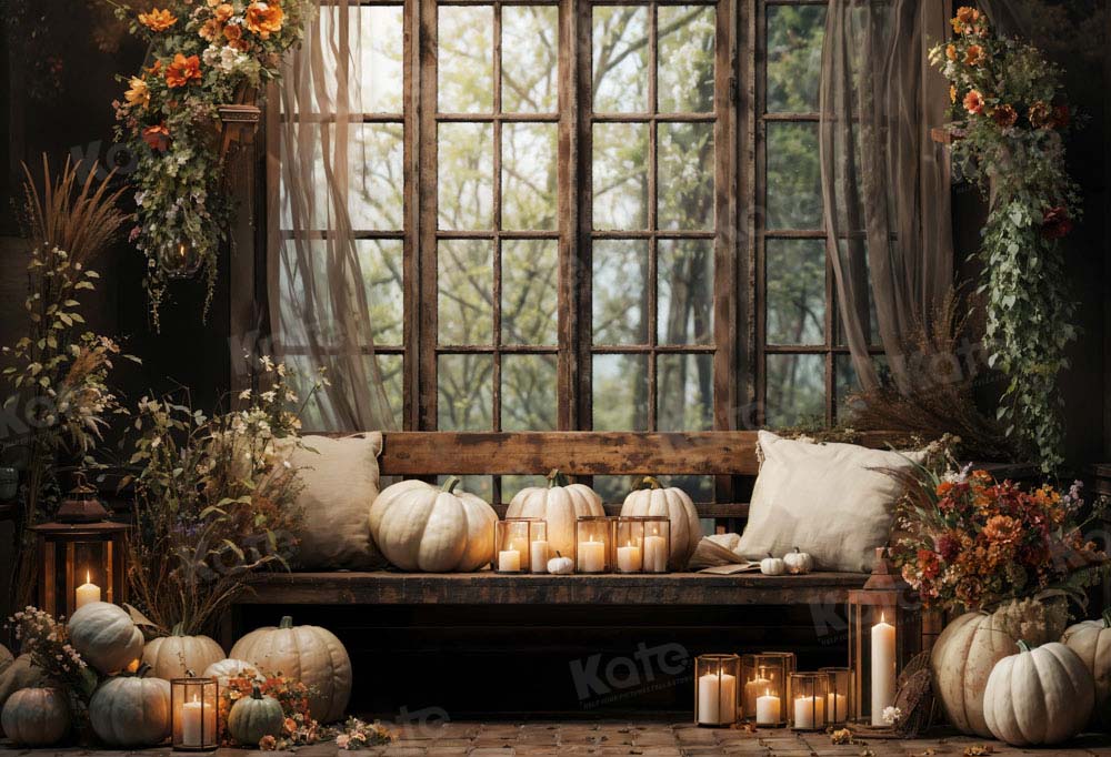 Kate Autumn White Pumpkin Retro Window Room Backdrop Designed by Emetselch -UK