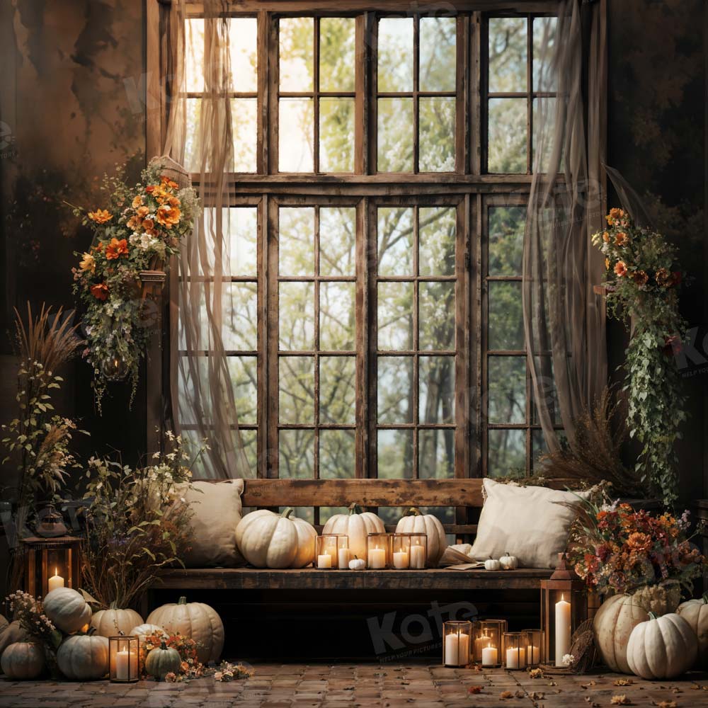 Kate Autumn White Pumpkin Retro Window Room Backdrop Designed by Emetselch -UK