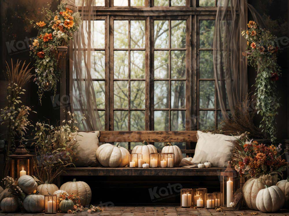 Kate Autumn White Pumpkin Retro Window Room Backdrop Designed by Emetselch -UK