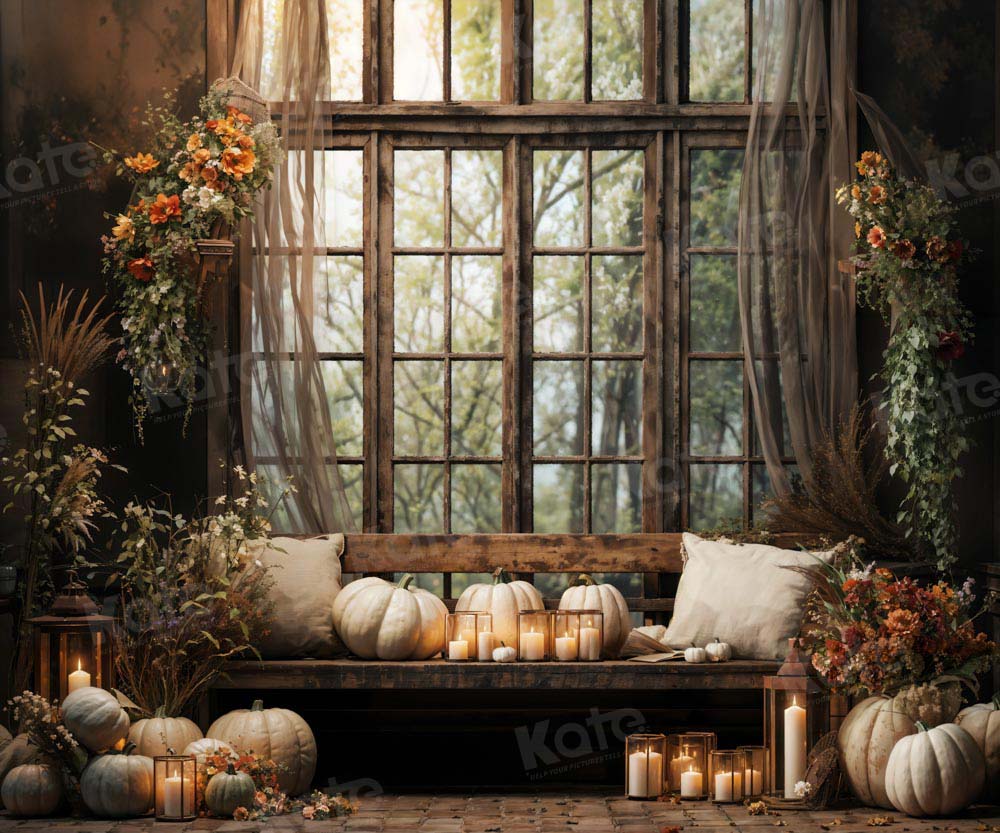 Kate Autumn White Pumpkin Retro Window Room Backdrop Designed by Emetselch -UK