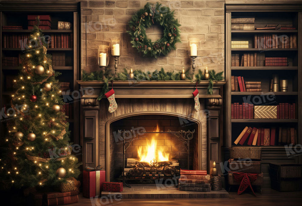 Kate Christmas Fireplace Flame Bookstore Backdrop for Photography -UK