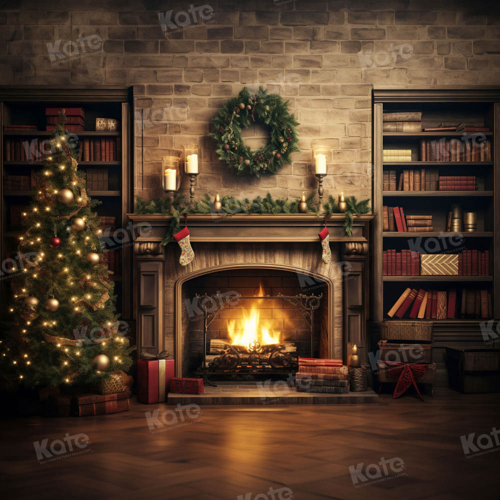 Kate Christmas Fireplace Flame Bookstore Backdrop for Photography -UK