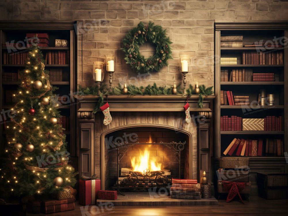 Kate Christmas Fireplace Flame Bookstore Backdrop for Photography -UK