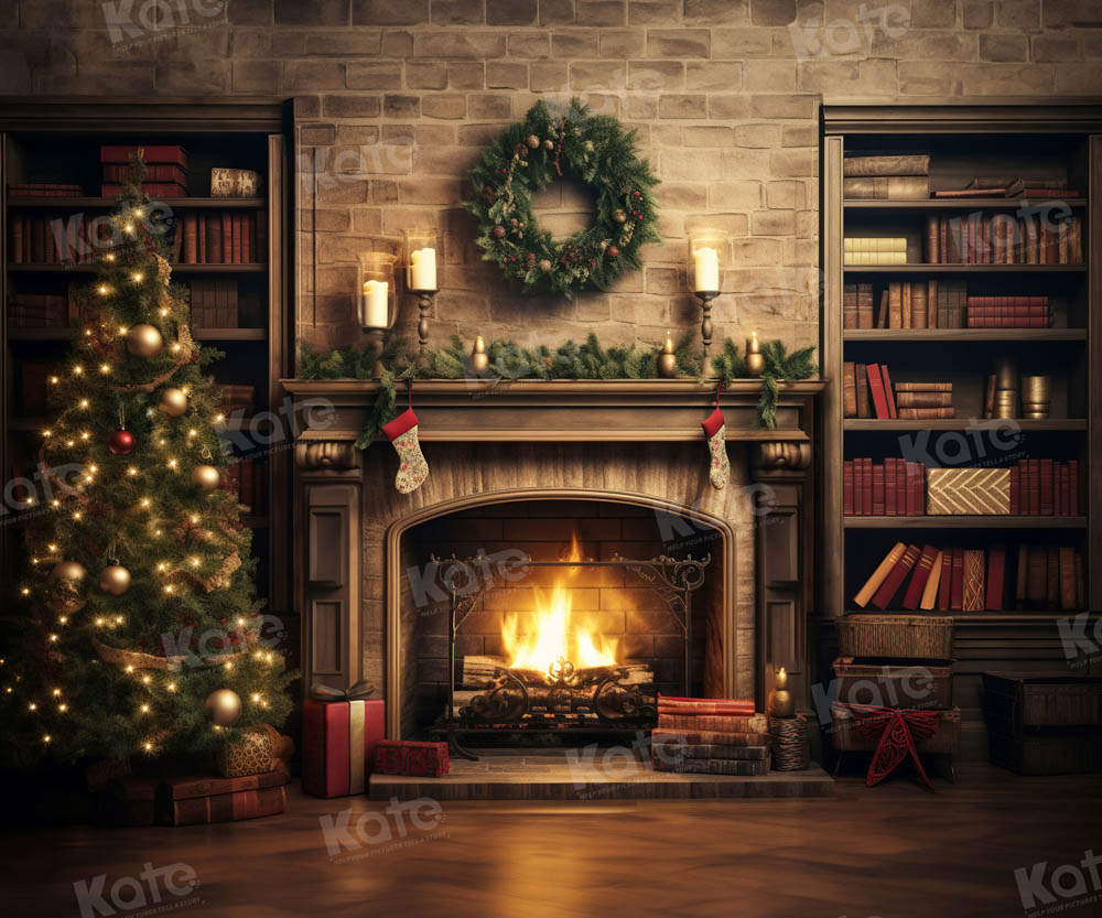 Kate Christmas Fireplace Flame Bookstore Backdrop for Photography -UK