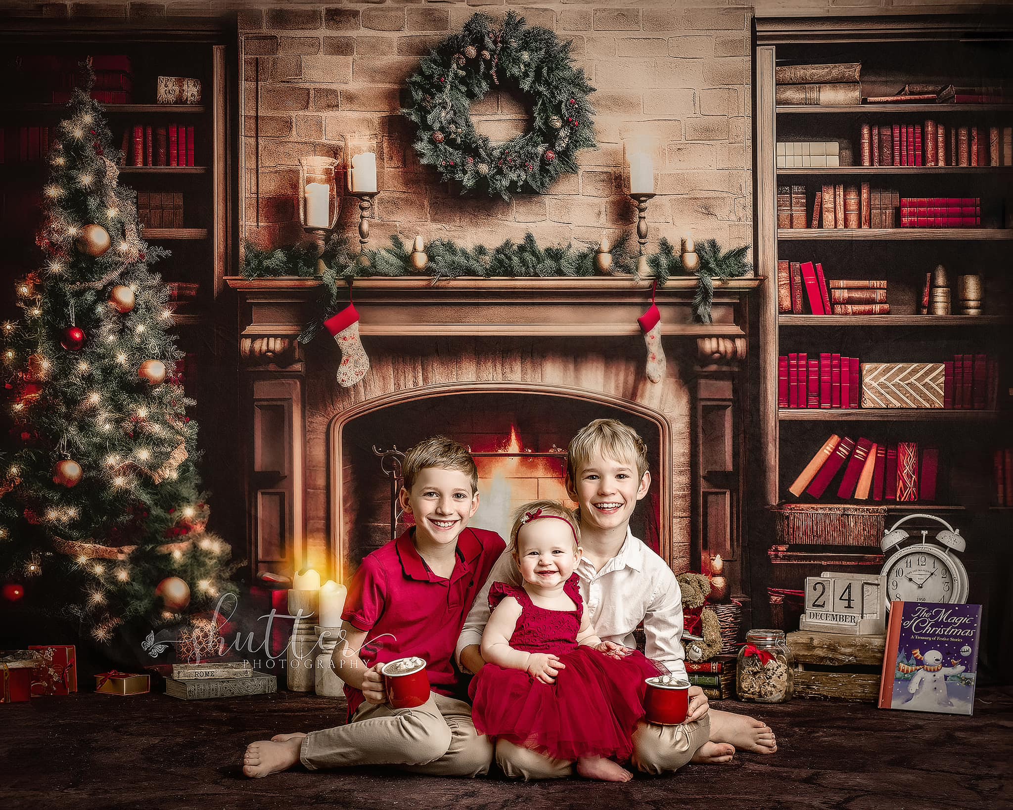 Kate Christmas Fireplace Flame Bookstore Backdrop for Photography -UK