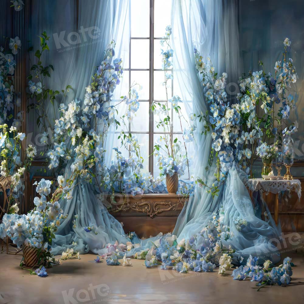 Kate Spring Blue Flower Curtain Window Room Backdrop Designed by Emets