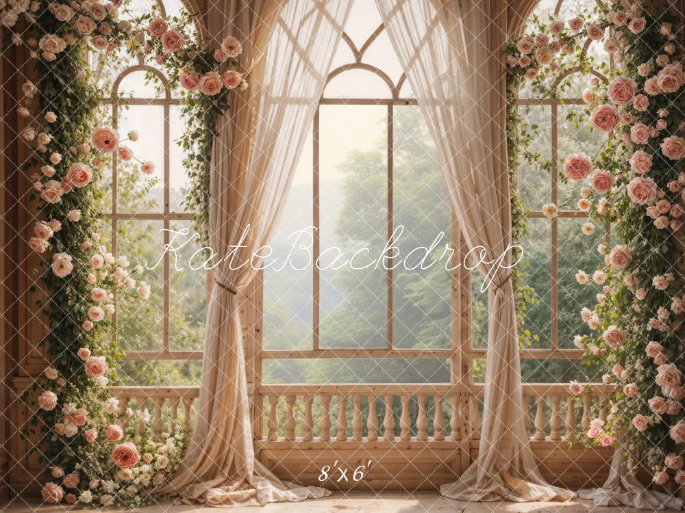 Kate Spring Pink Flowers Window Room Fleece Backdrop Designed by Emetselch -UK