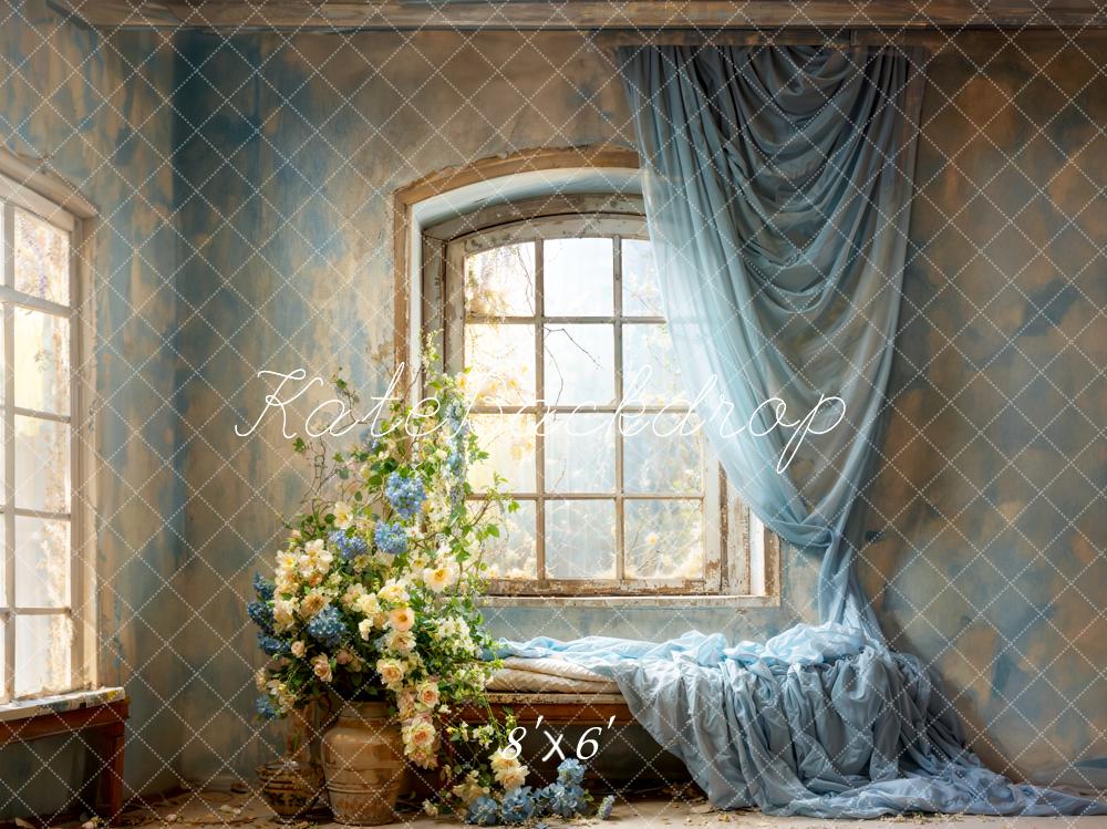 Kate Spring Blue Curtains Flowers Windows Room Backdrop for