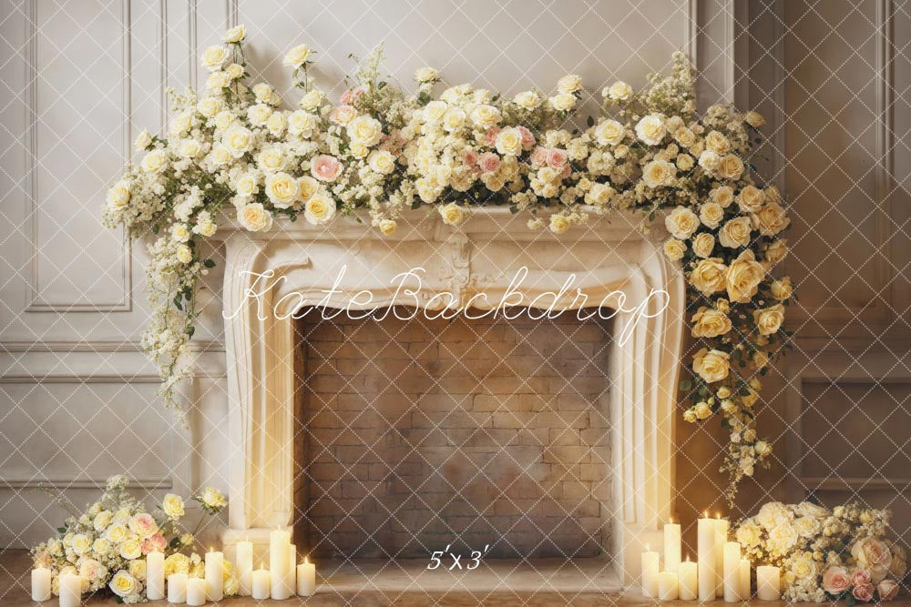 Kate Valentine's Day White Flowers Candle Fireplace Backdrop Designed by Emetselch -UK