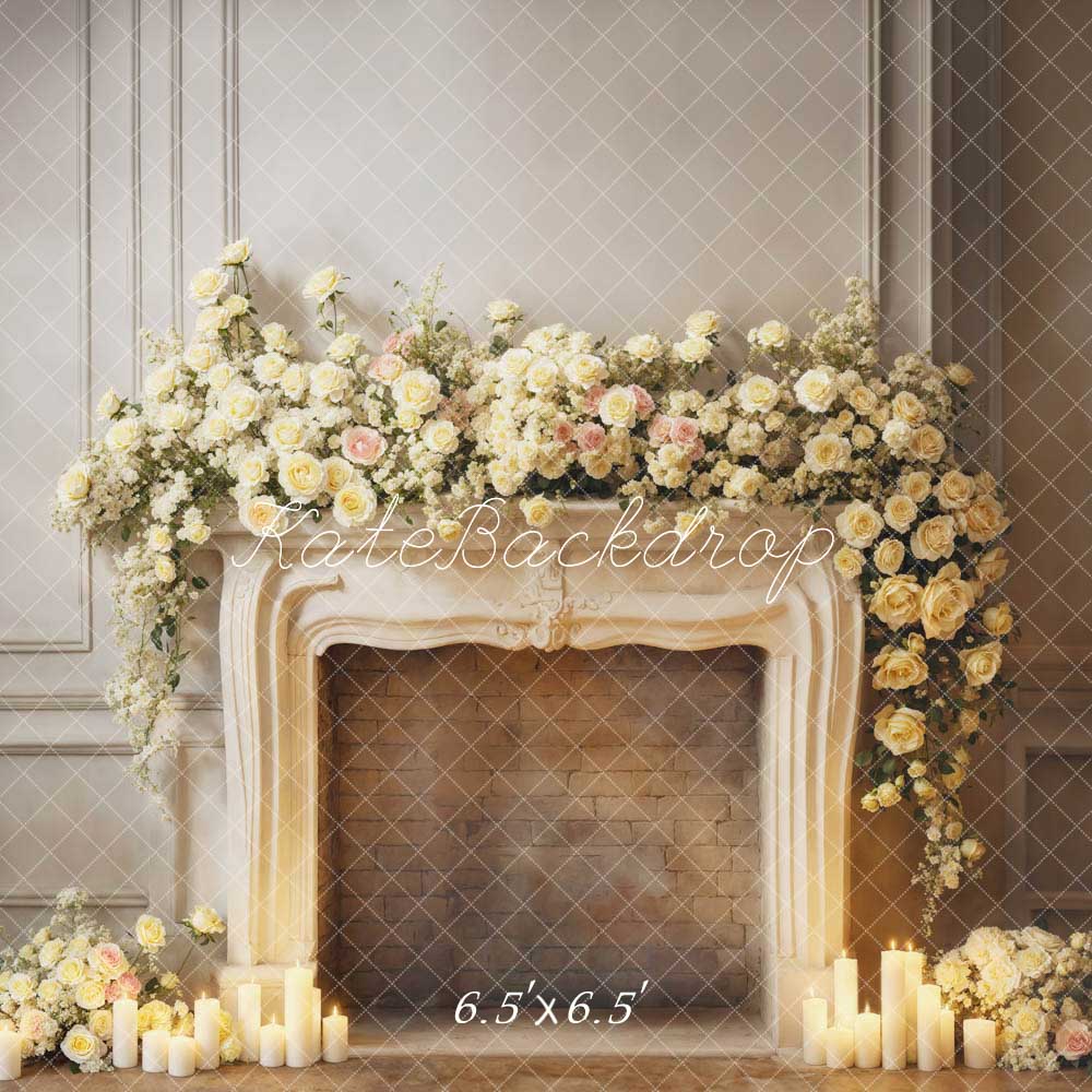 Kate Valentine's Day White Flowers Candle Fireplace Backdrop Designed by Emetselch -UK