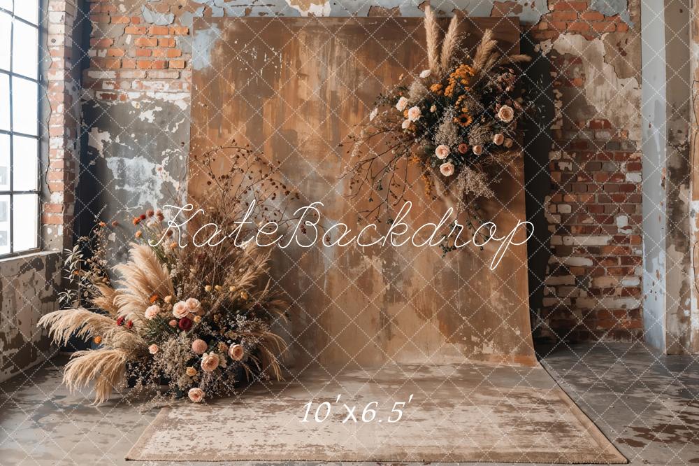 Kate Boho Dark Brown Reed Floral Old Brick Wall Backdrop Designed by Emetselch -UK