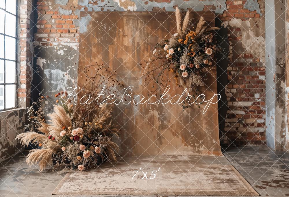 Kate Boho Dark Brown Reed Floral Old Brick Wall Backdrop Designed by Emetselch -UK