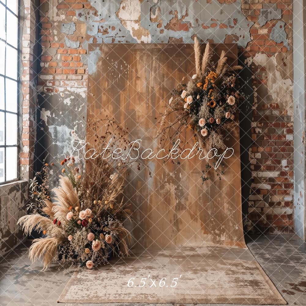 Kate Boho Dark Brown Reed Floral Old Brick Wall Backdrop Designed by Emetselch -UK