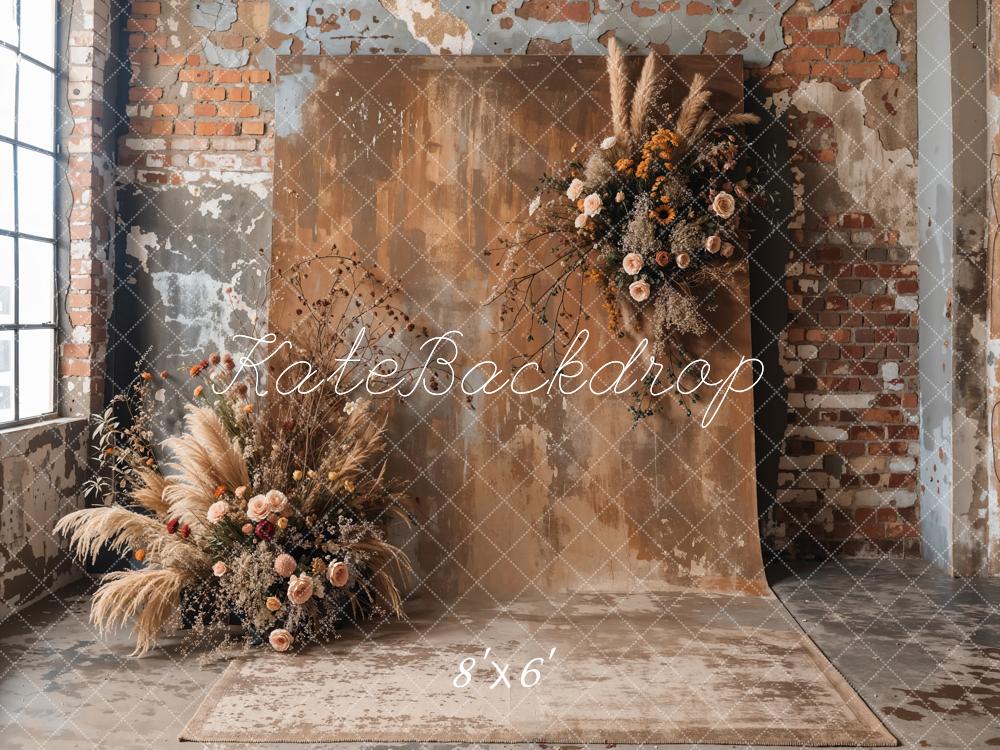 Kate Boho Dark Brown Reed Floral Old Brick Wall Backdrop Designed by Emetselch -UK