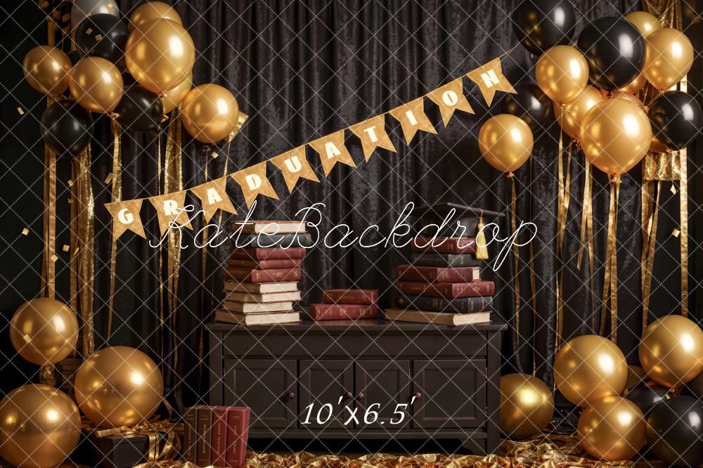 Kate Book Black Curtain Golden Balloon Graduation Backdrop Designed by Emetselch -UK