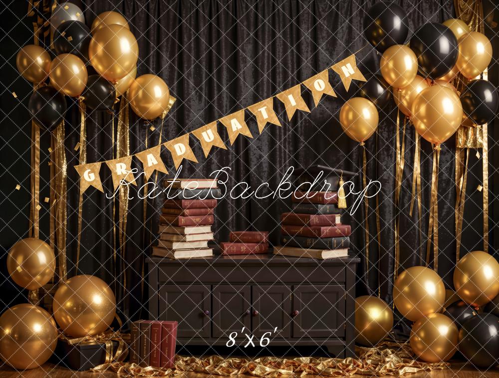 Kate Book Black Curtain Golden Balloon Graduation Backdrop Designed by Emetselch -UK