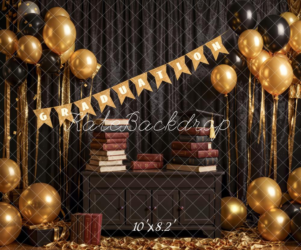 Kate Book Black Curtain Golden Balloon Graduation Backdrop Designed by Emetselch -UK