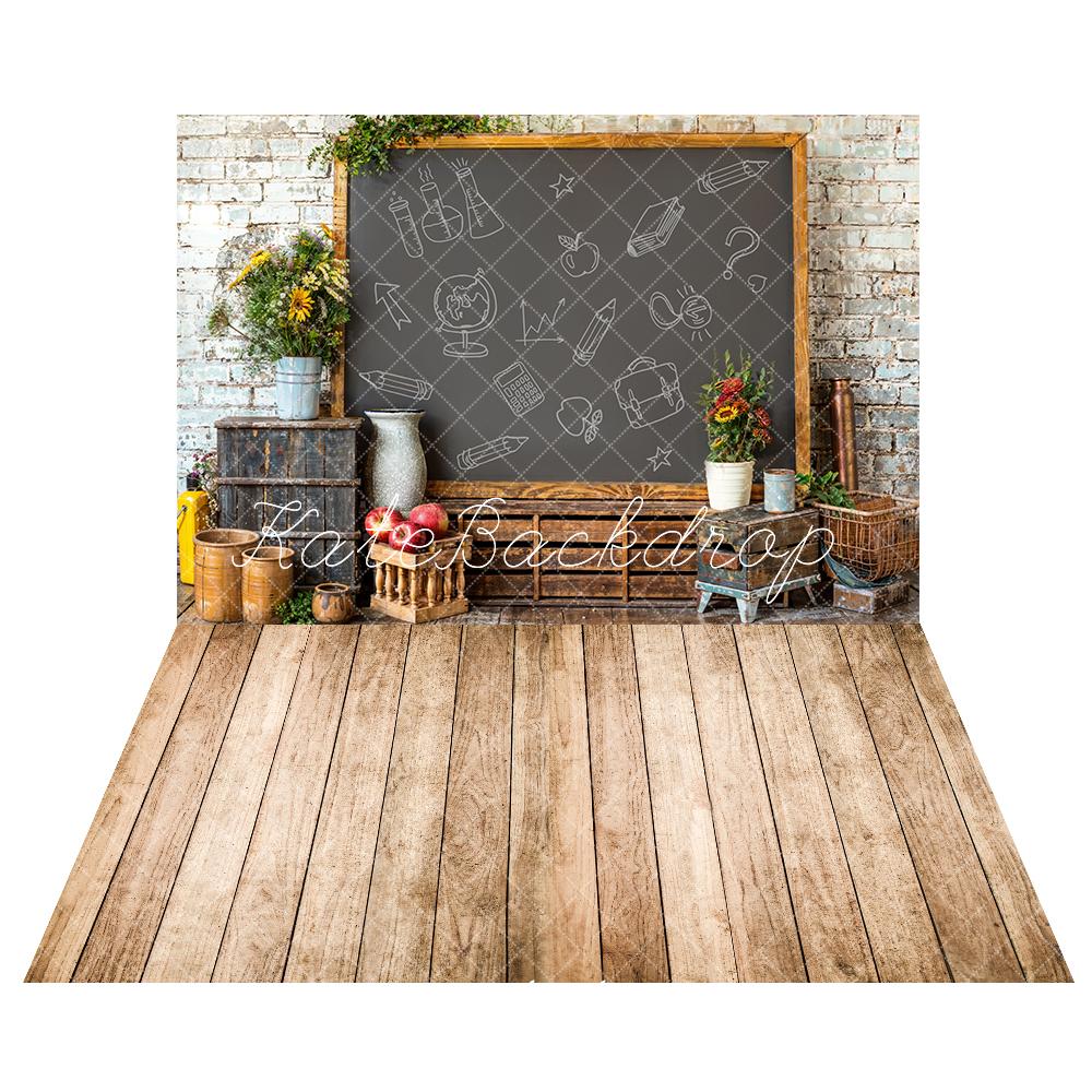 Kate Back to School Graffiti Blackboard Backdrop+ Light Brown Wooden Floor Backdrop -UK