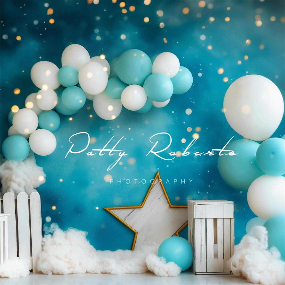 Kate Cake Smash Blue White Balloon Star Light Backdrop Designed by Patty Robert