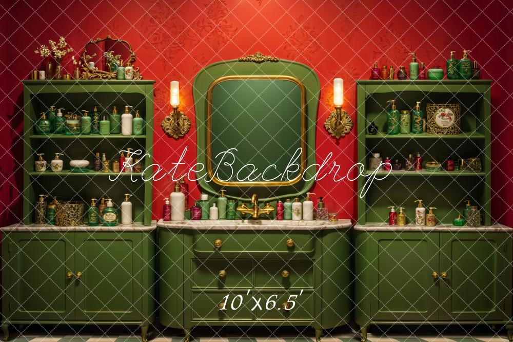 Kate Vintage Red Wall Dark Green Beauty Shop Backdrop Designed by Emetselch -UK