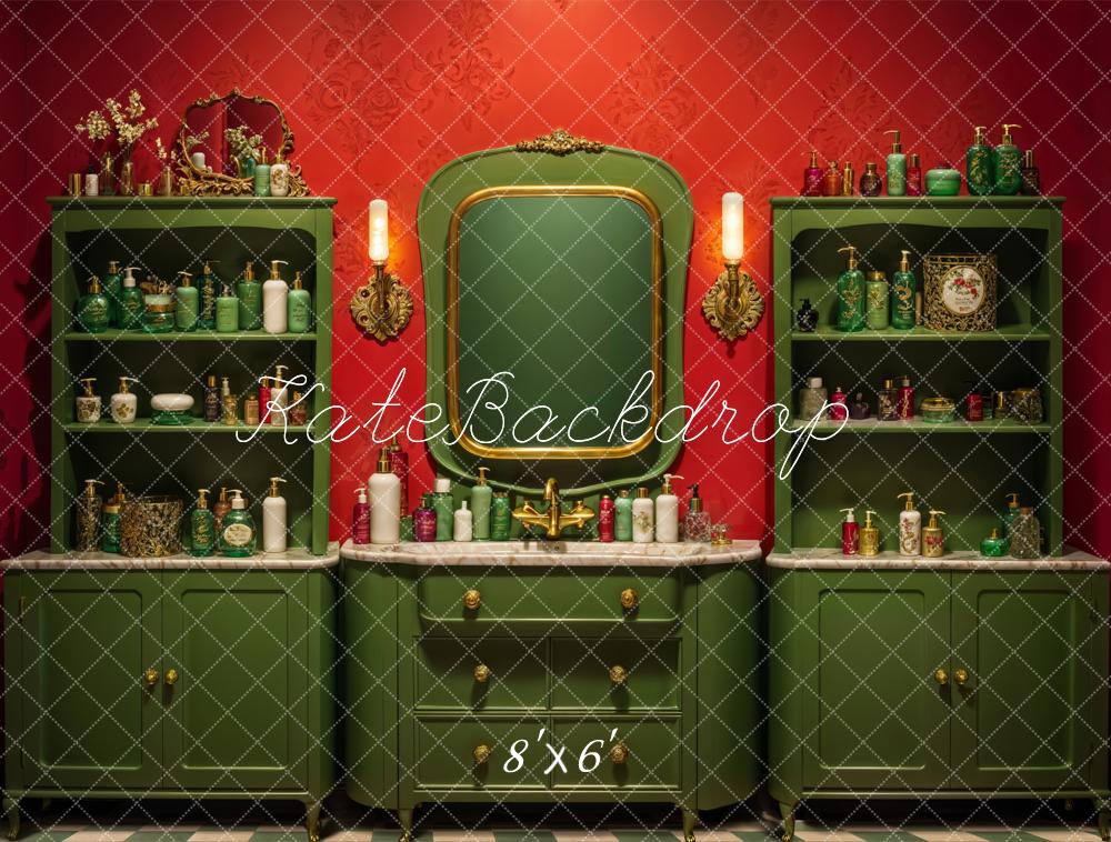 Kate Vintage Red Wall Dark Green Beauty Shop Backdrop Designed by Emetselch -UK