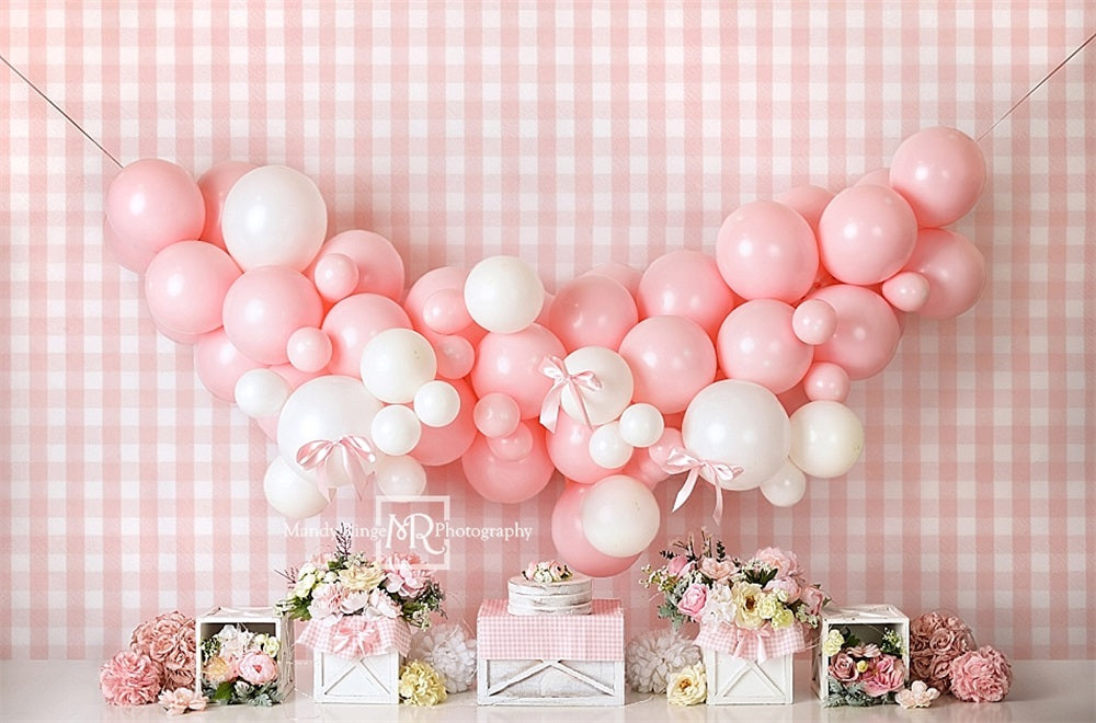 Kate Pink White Balloon Plaid Wall Backdrop Designed by Mandy Ringe Photography -UK