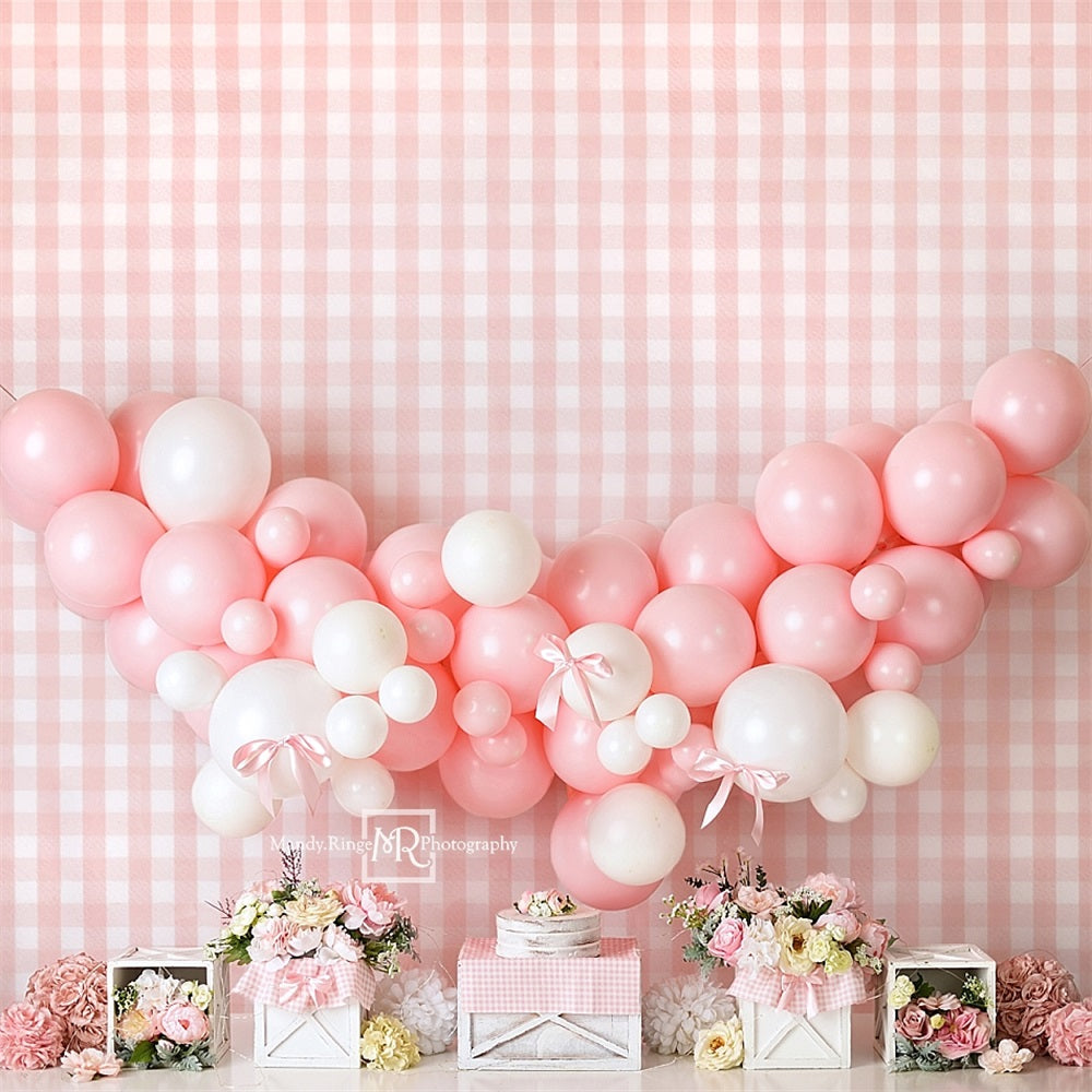 Kate Pink White Balloon Plaid Wall Backdrop Designed by Mandy Ringe Photography -UK