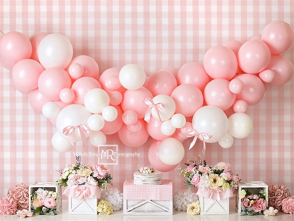 Kate Pink White Balloon Plaid Wall Backdrop Designed by Mandy Ringe Photography -UK