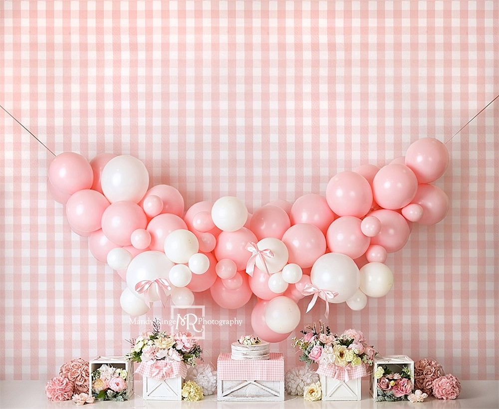 Kate Pink White Balloon Plaid Wall Backdrop Designed by Mandy Ringe Photography -UK