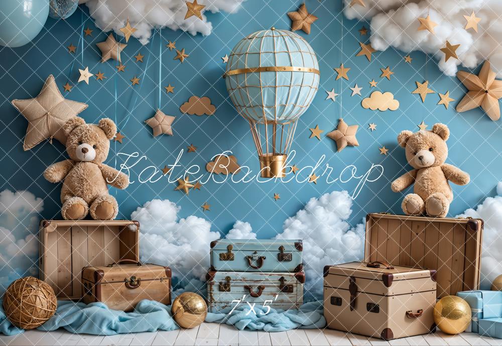 Kate Cartoon Hot Air Balloon Teddy Bear Blue Backdrop Designed by Emetselch -UK