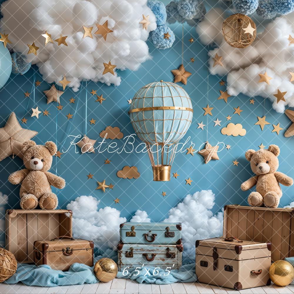 Kate Cartoon Hot Air Balloon Teddy Bear Blue Backdrop Designed by Emetselch