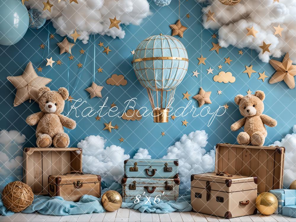 Kate Cartoon Hot Air Balloon Teddy Bear Blue Backdrop Designed by Emetselch -UK