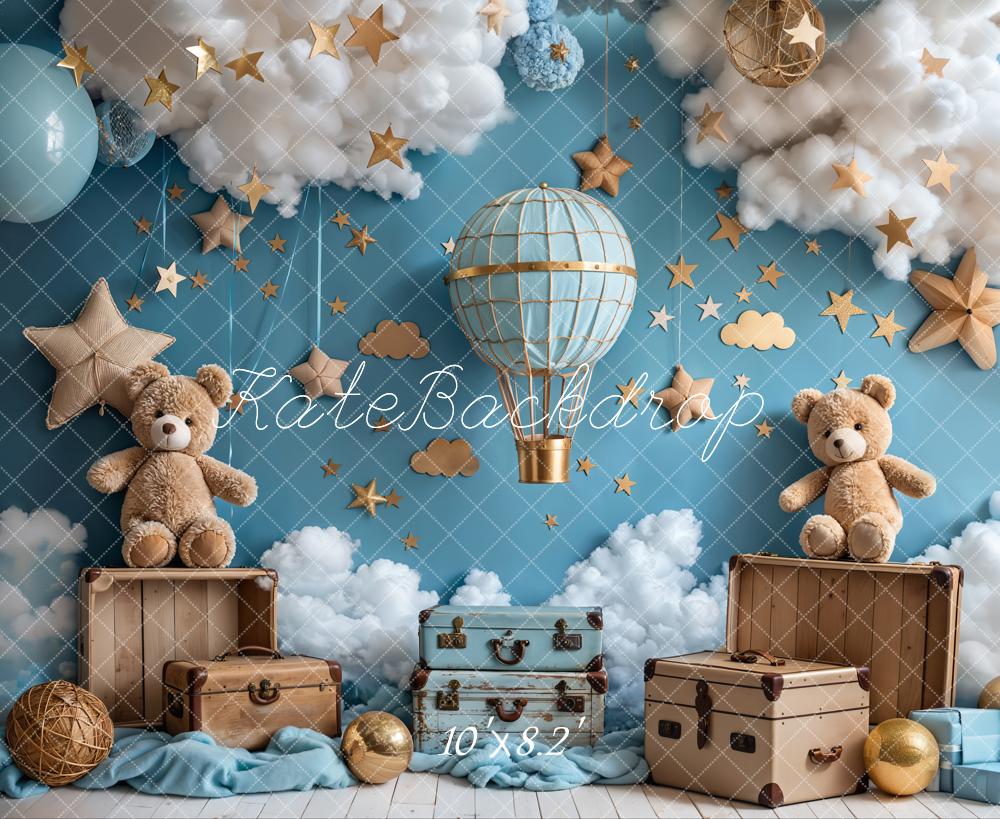 Kate Cartoon Hot Air Balloon Teddy Bear Blue Backdrop Designed by Emetselch -UK