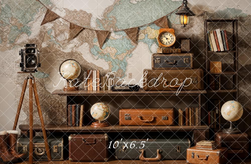 Kate Vintage Camera Suitcase Globe Adventure Travel Backdrop Designed by Emetselch -UK